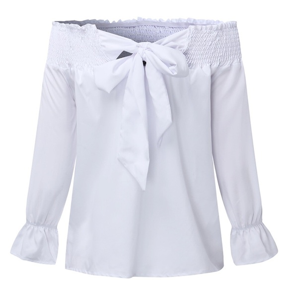 RESTOCKED!! White Off Shoulder Bow Smocked Top - Picture 6 of 7